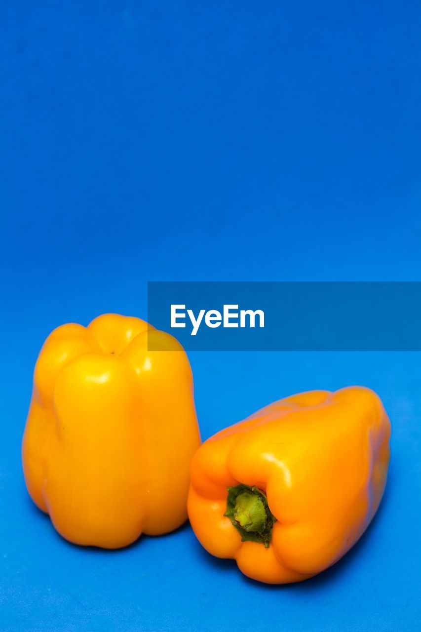 Two yellow bell peppers in blue background