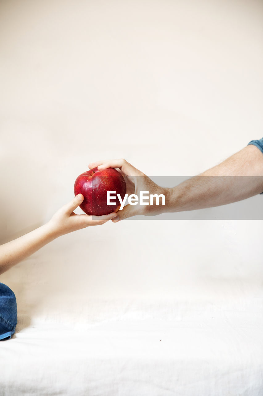 Father and daughter share an organic apple from the farmer's market