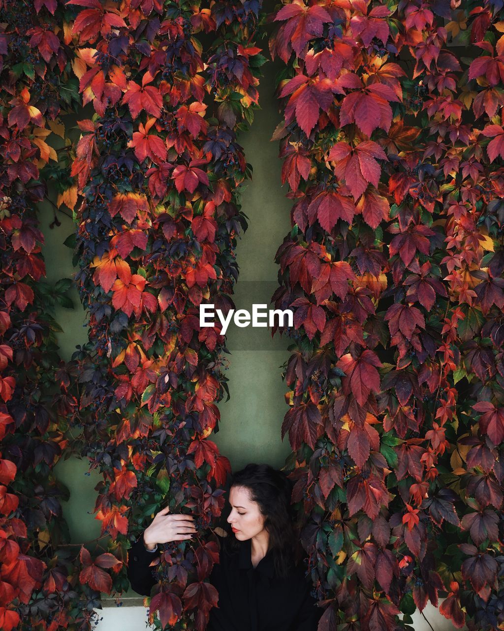 Young woman holding ivy against wall