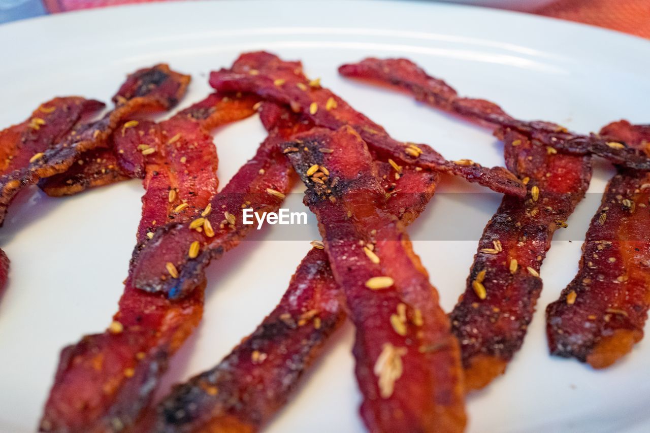 Close-up of bacon served in plate