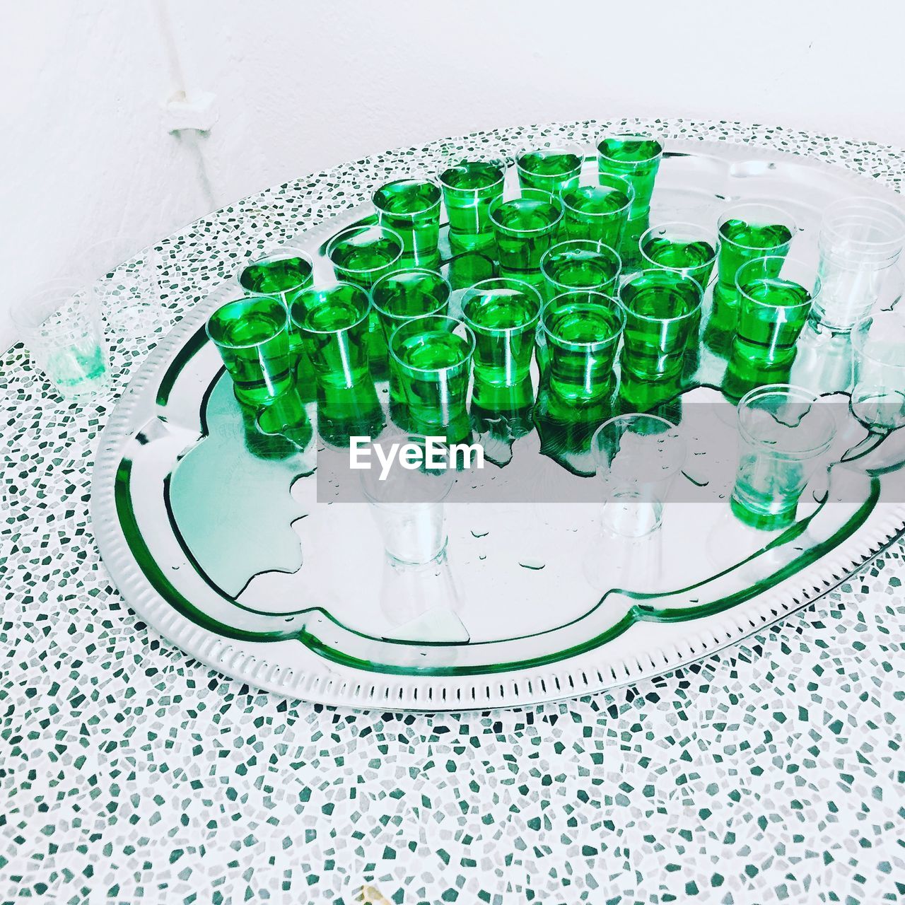 High angle view of alcohol served in glass on table