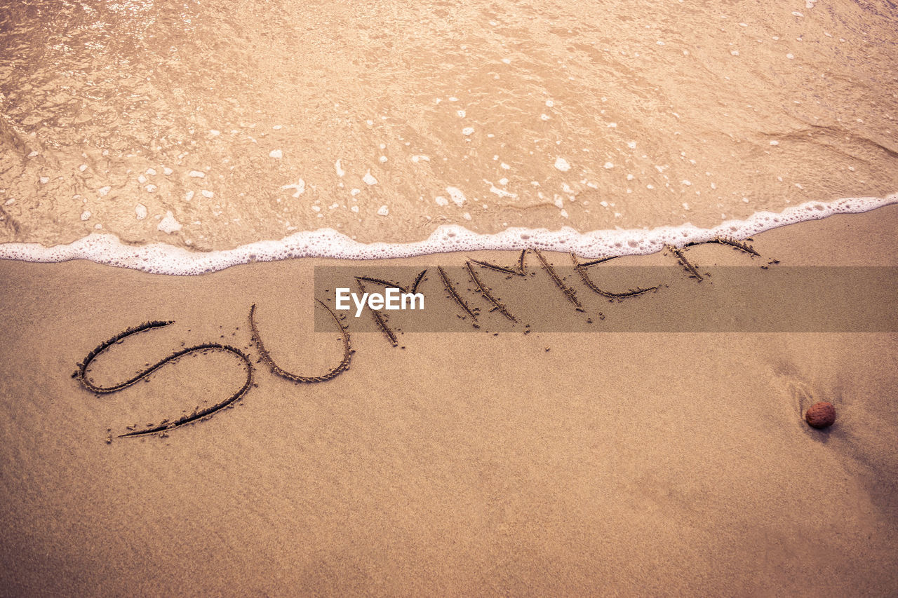 TEXT WRITTEN ON SAND AT BEACH AGAINST THE BACKGROUND