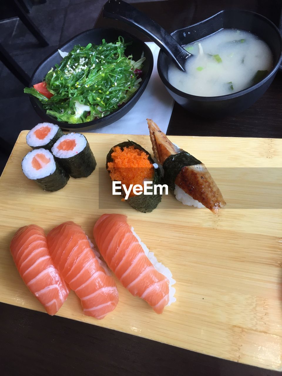 High angle view of sushi served on table