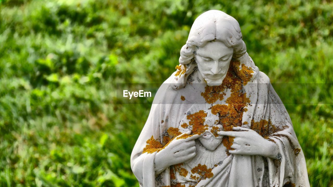 Close-up of jesus statue against plants