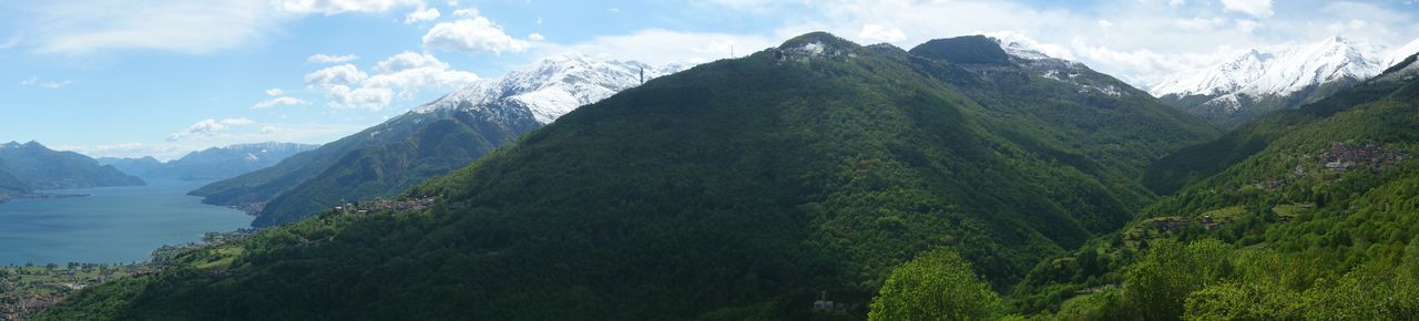 PANORAMIC SHOT OF TREES AND MOUNTAINS AGAINST SKY