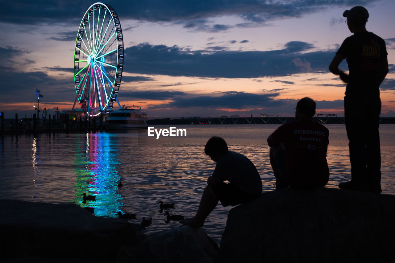 REAR VIEW OF SILHOUETTE PEOPLE WITH FERRIS WHEEL AGAINST SKY