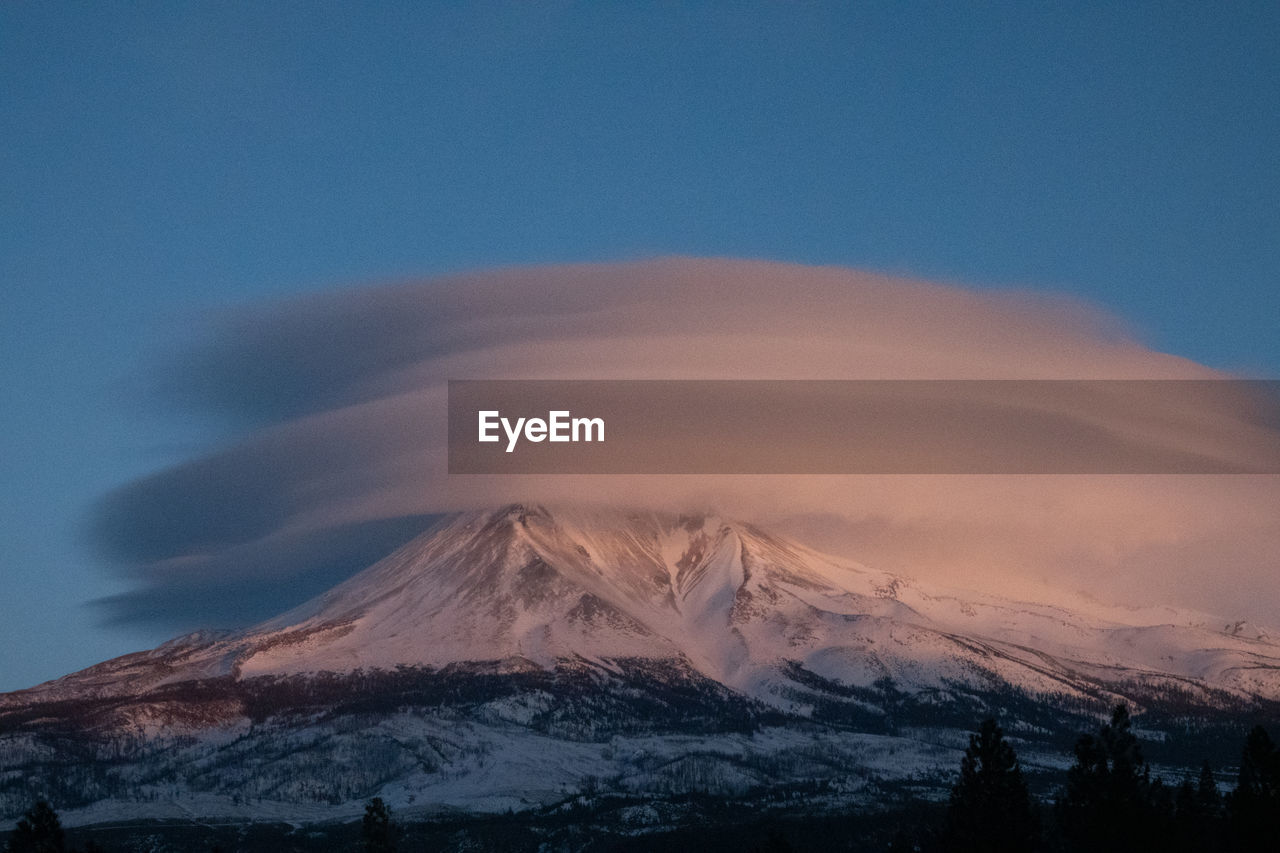 Scenic view of snowcapped mountains against sky during sunset