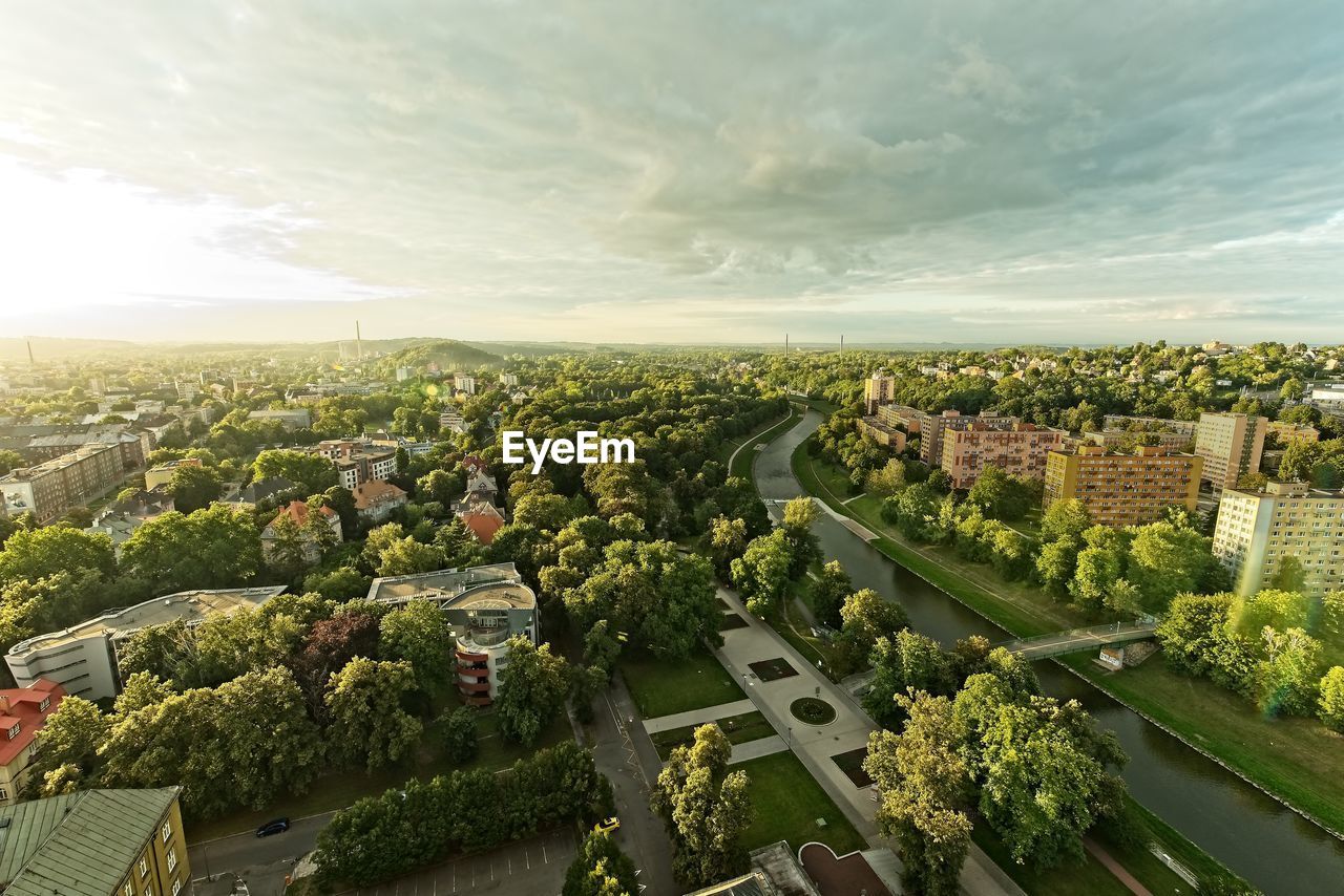 High angle shot of townscape against sky