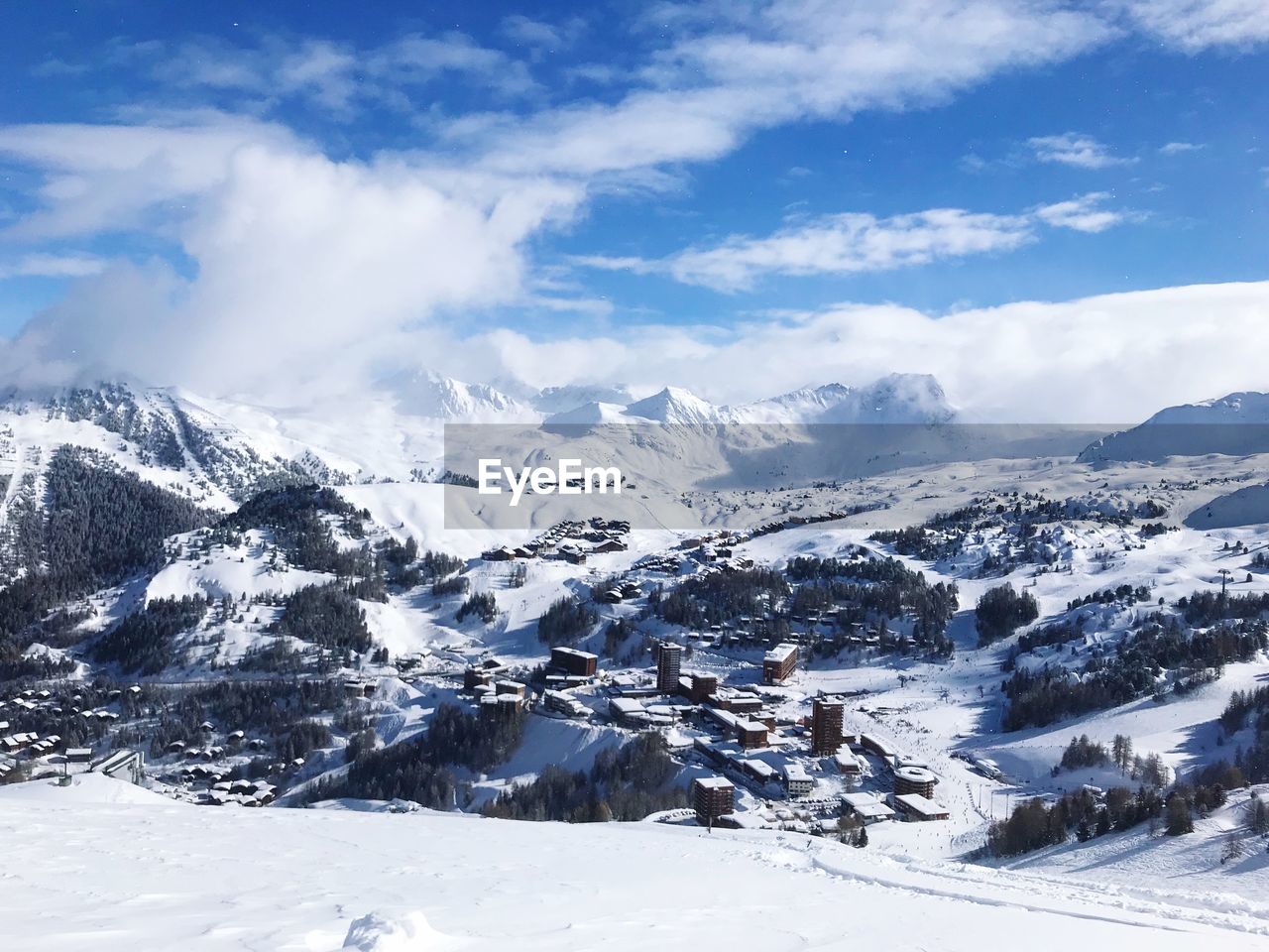 Scenic view of snowcapped mountains against sky