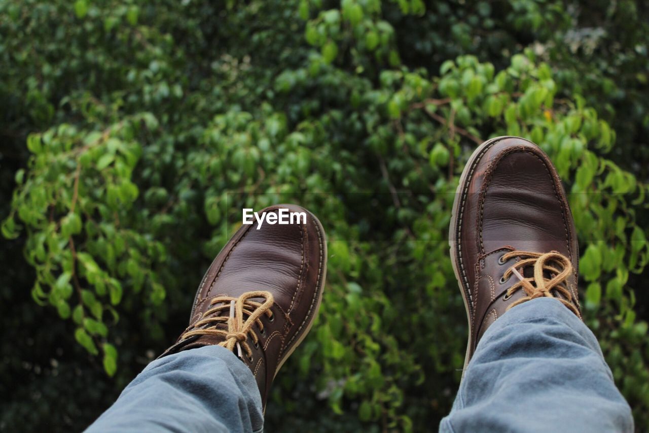 Low section of man wearing shoes by plants