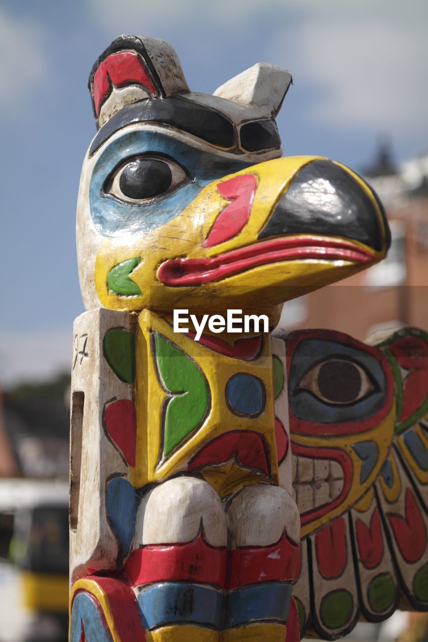 Close-up of colorful totem pole