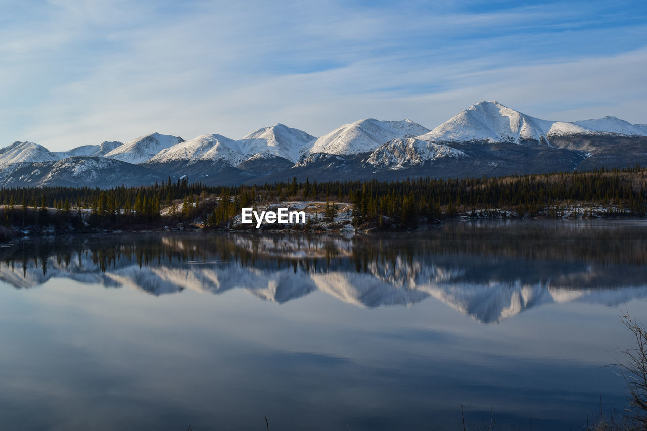 Scenic view of lake and snowcapped mountains against sky