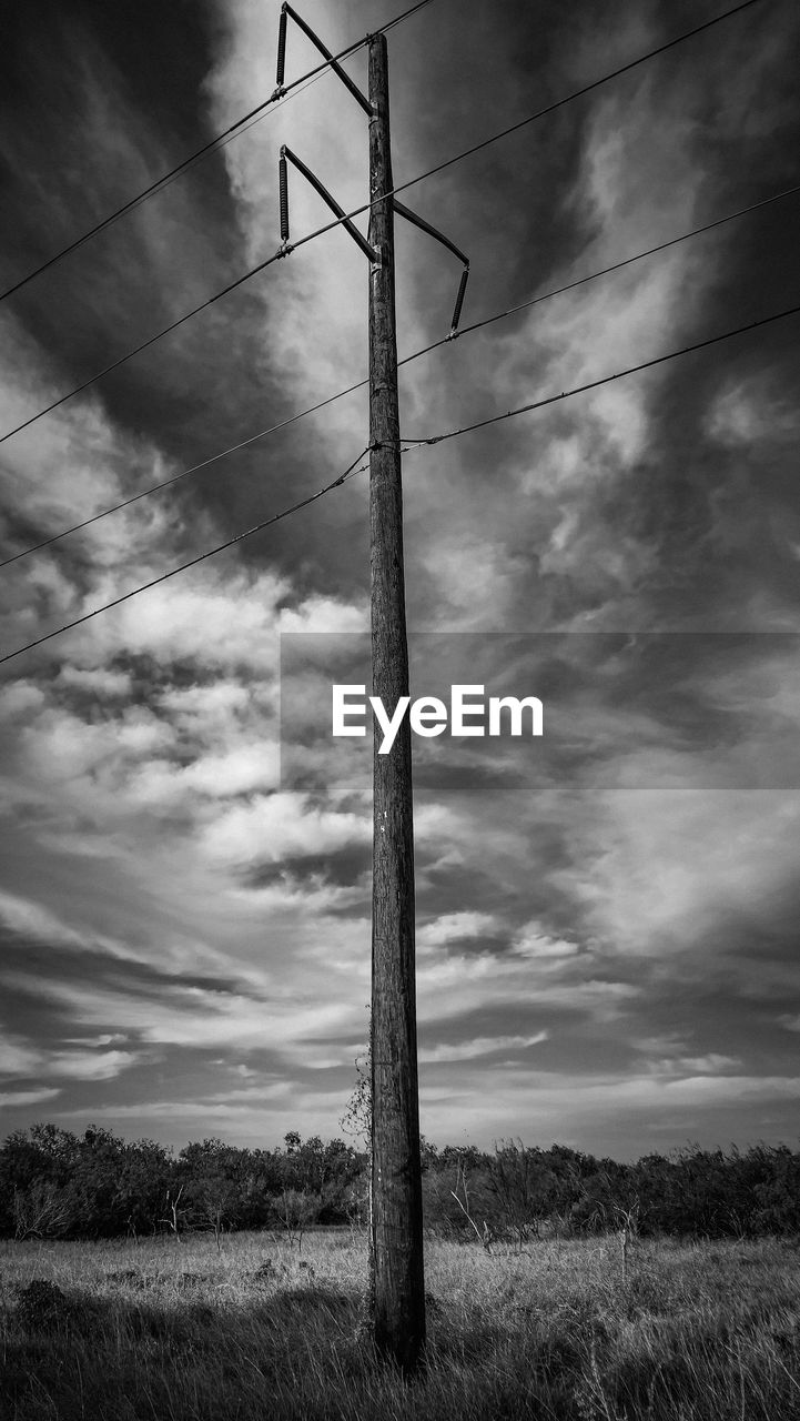 sky, cloud, electricity, cable, technology, electricity pylon, power supply, nature, black and white, darkness, power line, power generation, landscape, plant, environment, monochrome, field, no people, land, light, monochrome photography, wind, rural scene, low angle view, beauty in nature, tree, scenics - nature, grass, outdoors, dramatic sky, agriculture, storm, tranquility, sunlight, overcast, dusk, cloudscape, day, growth, non-urban scene, tranquil scene