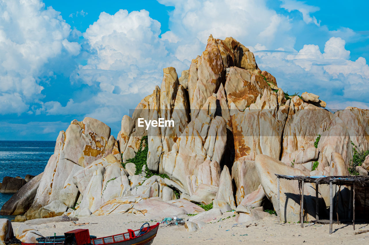 Panoramic view of rocks on beach against sky