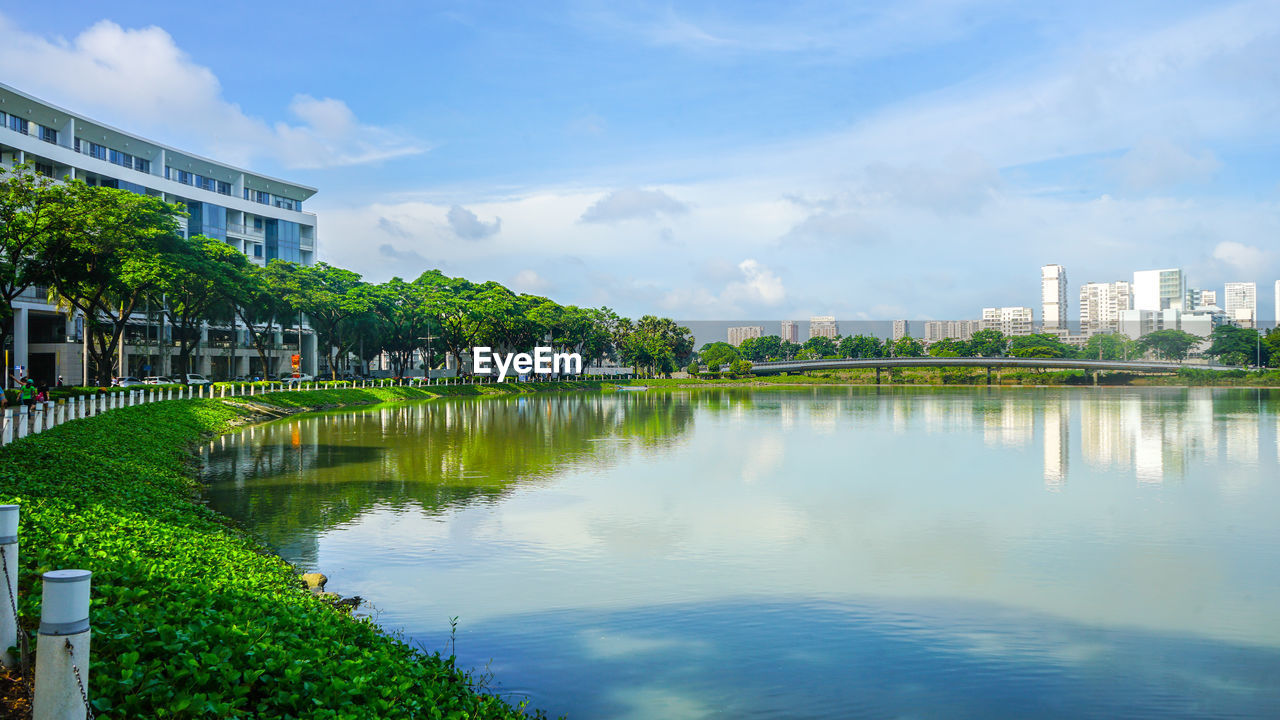 Scenic view of lake by buildings against sky