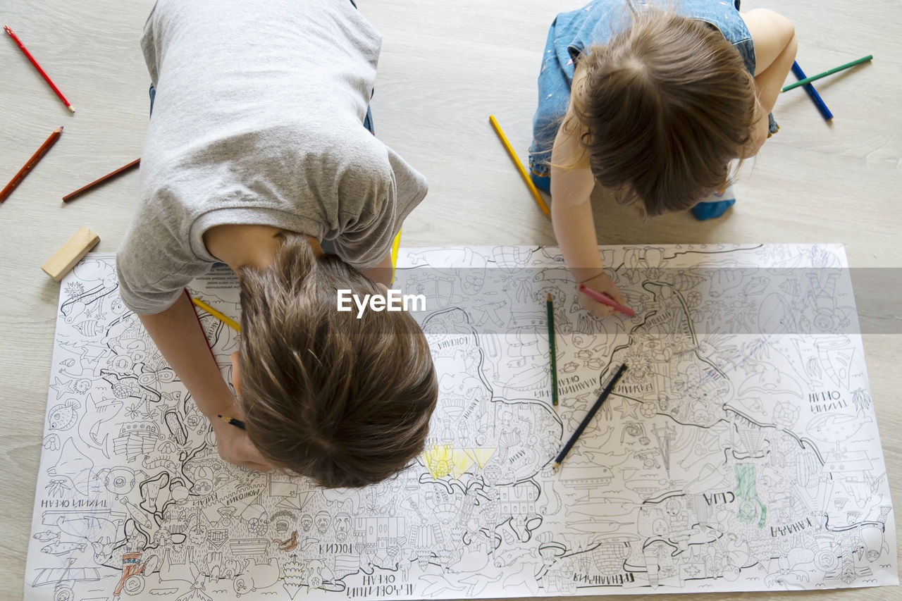 High angle view of siblings drawing in book on floor at home