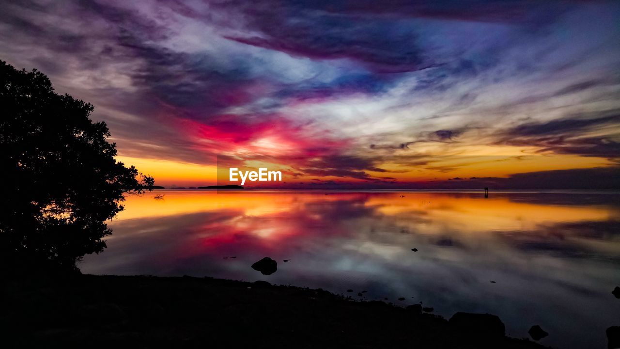 SCENIC VIEW OF LAKE AGAINST SKY DURING SUNSET