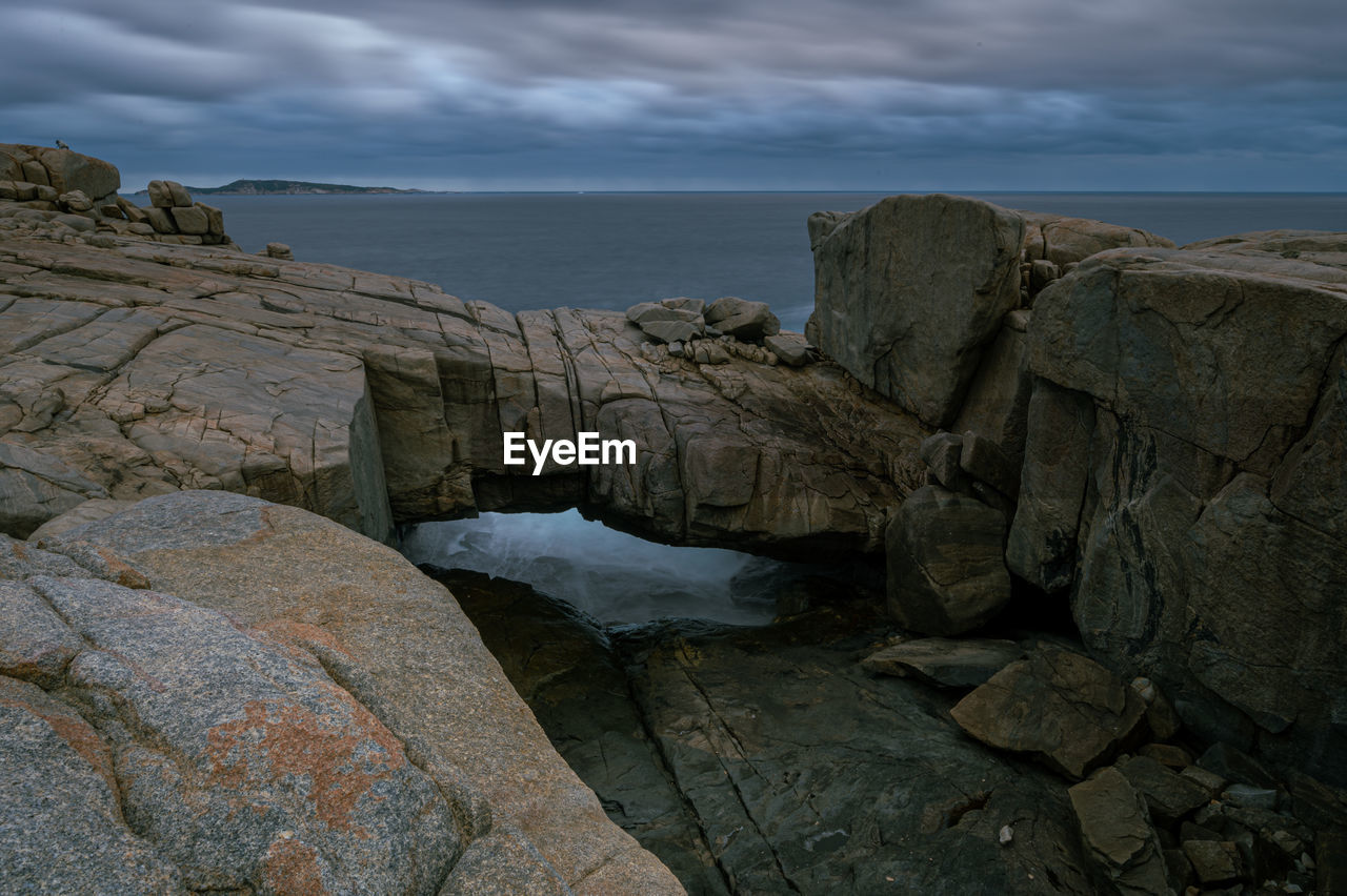 SCENIC VIEW OF ROCKS ON BEACH AGAINST SKY