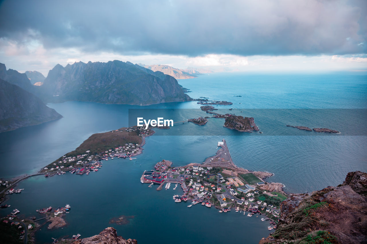 High angle view on mountains among the sea against sky, lofoten, norway
