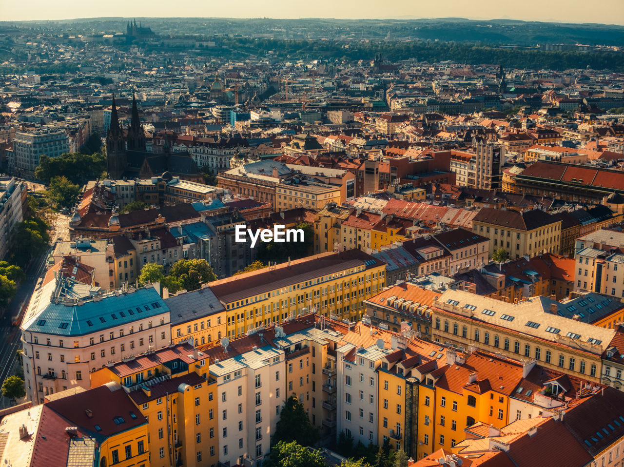 Aerial view of namesti miru square in prague with castle in the back