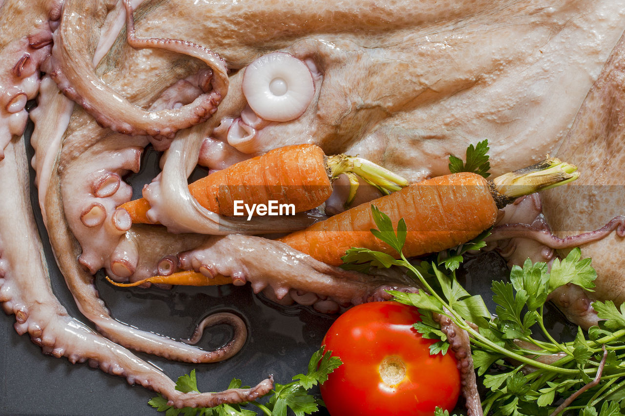 Raw octopus embracing carrots, tomato and parsley with tentacles.