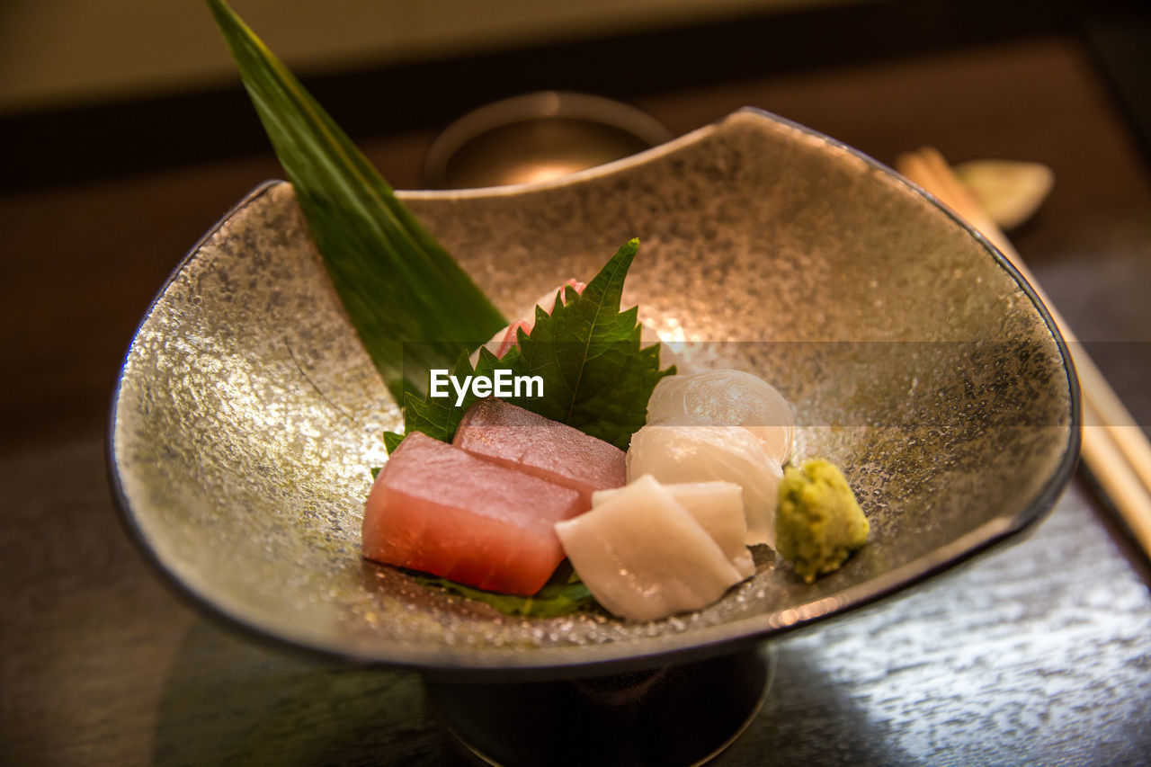 Close-up of food served on table