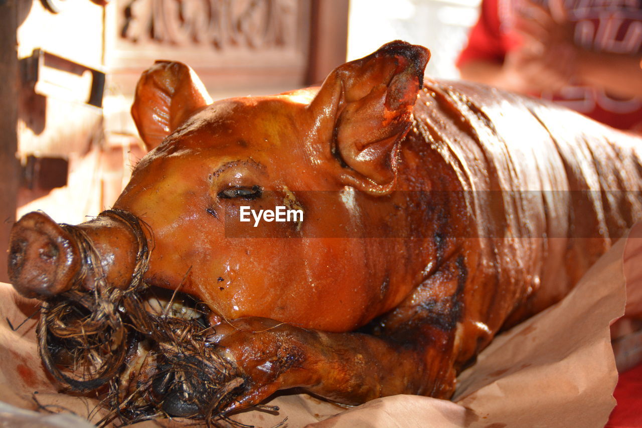 Close-up of roasted meat for sale