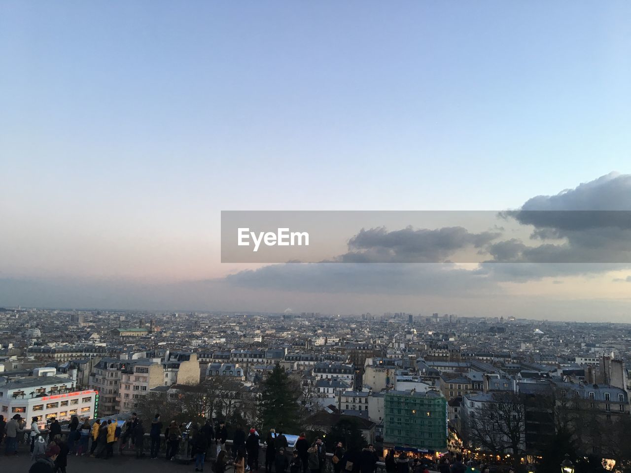 High angle view of city buildings against sky