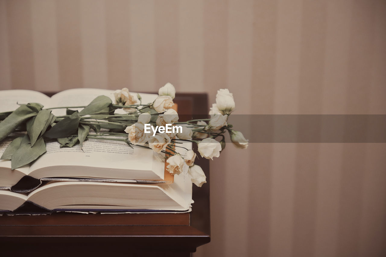 CLOSE-UP OF OPEN BOOK ON TABLE