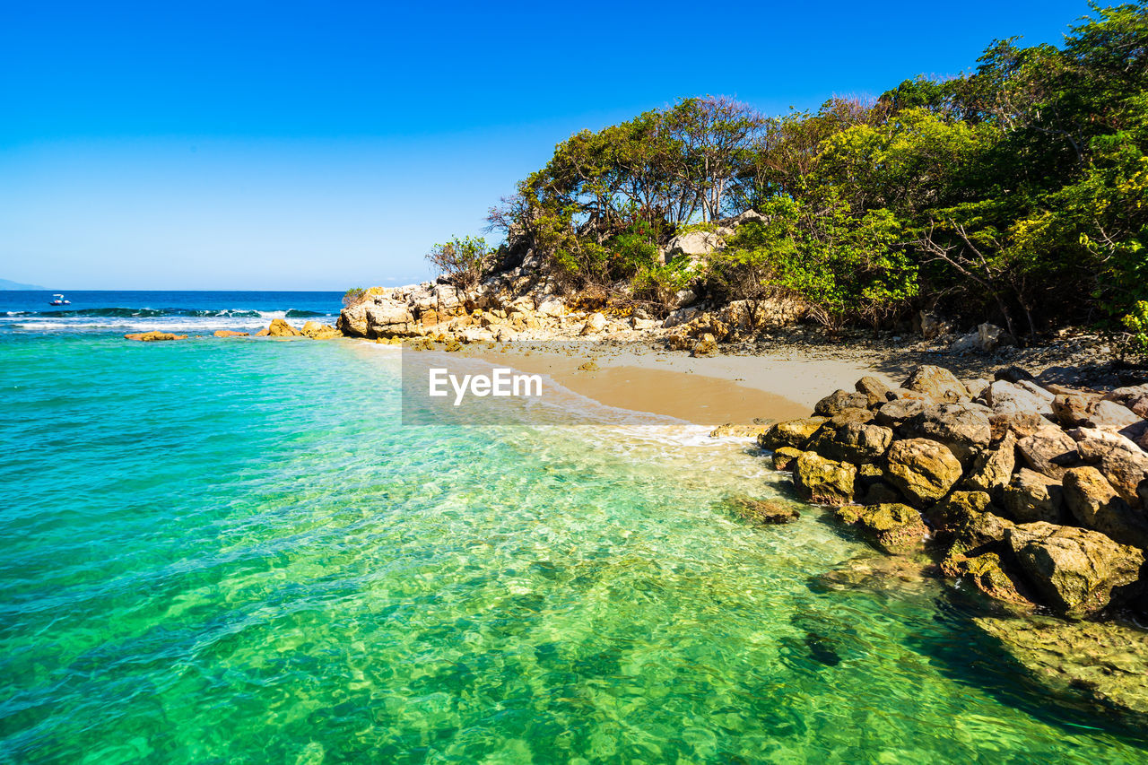 SCENIC VIEW OF BEACH AGAINST BLUE SKY