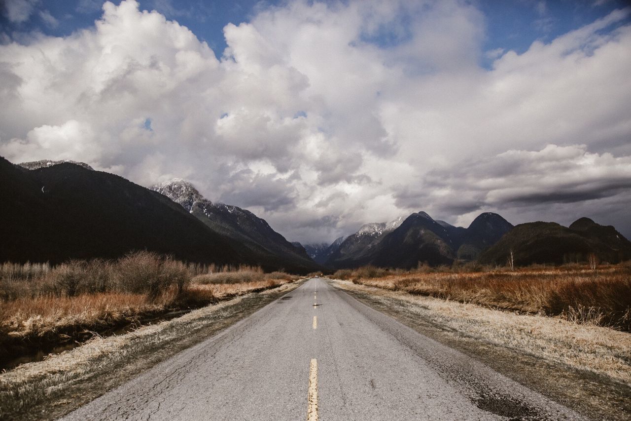 Road by mountains against sky