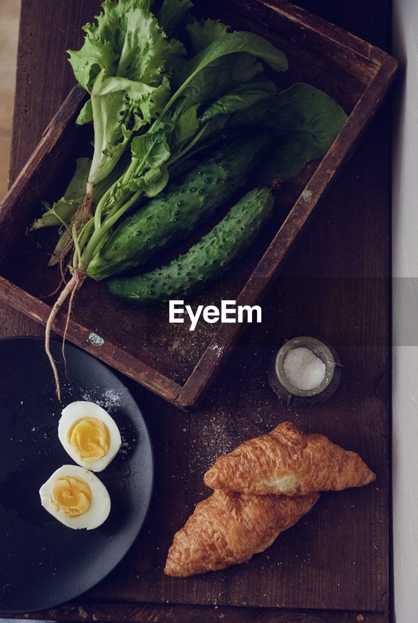 High angle view of breakfast on table