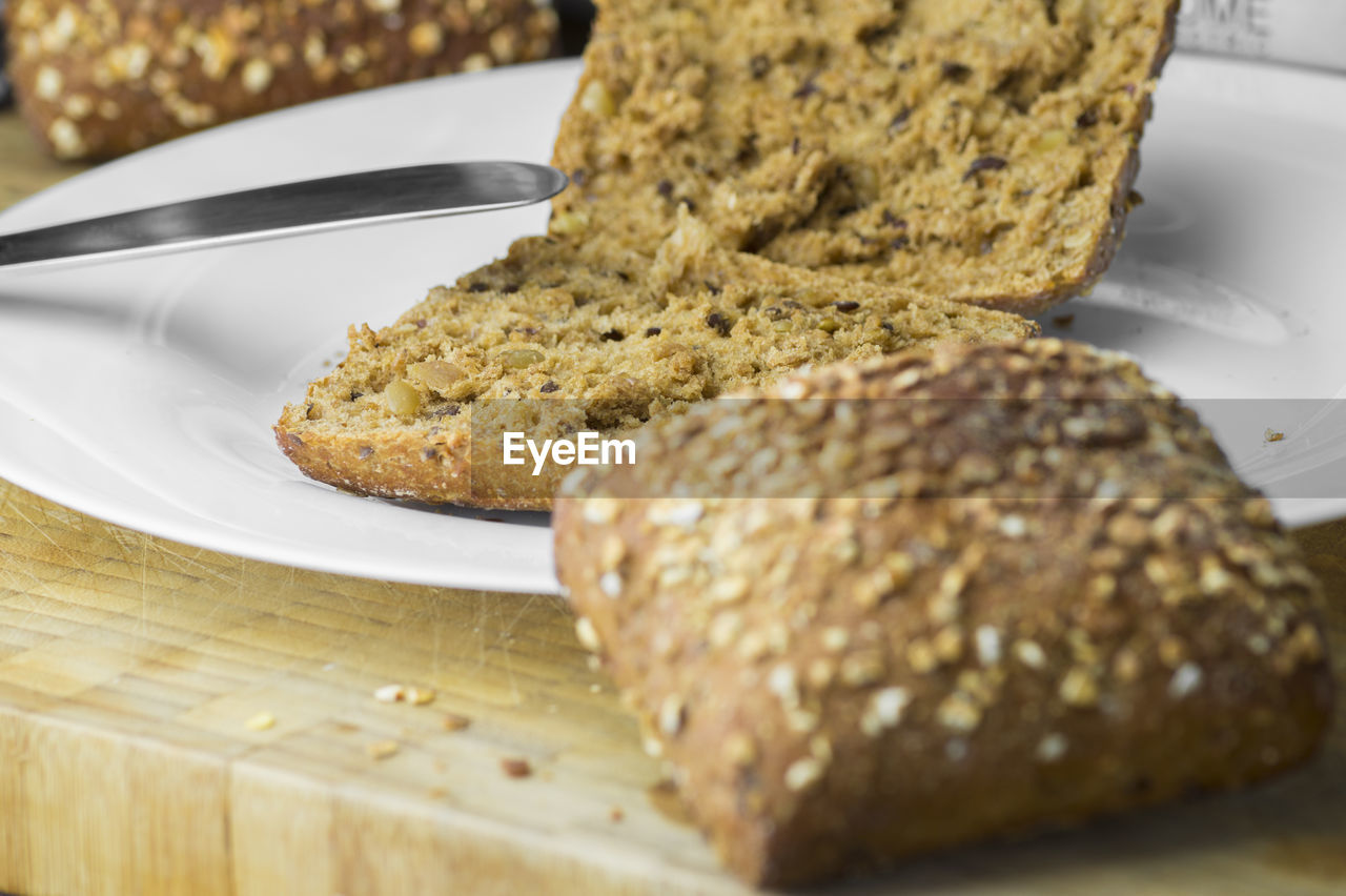 Close-up of wholegrain bread on table