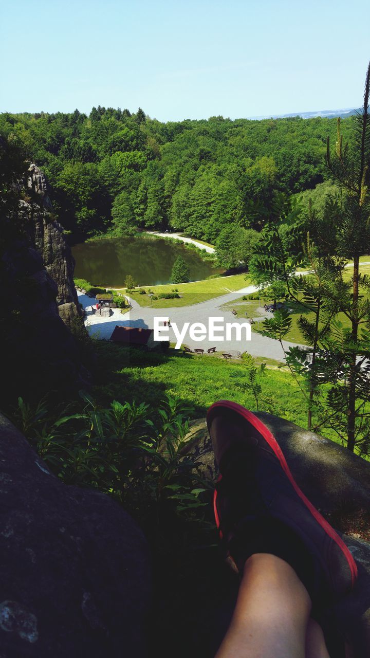 LOW SECTION OF WOMAN ON MOUNTAIN AGAINST TREES