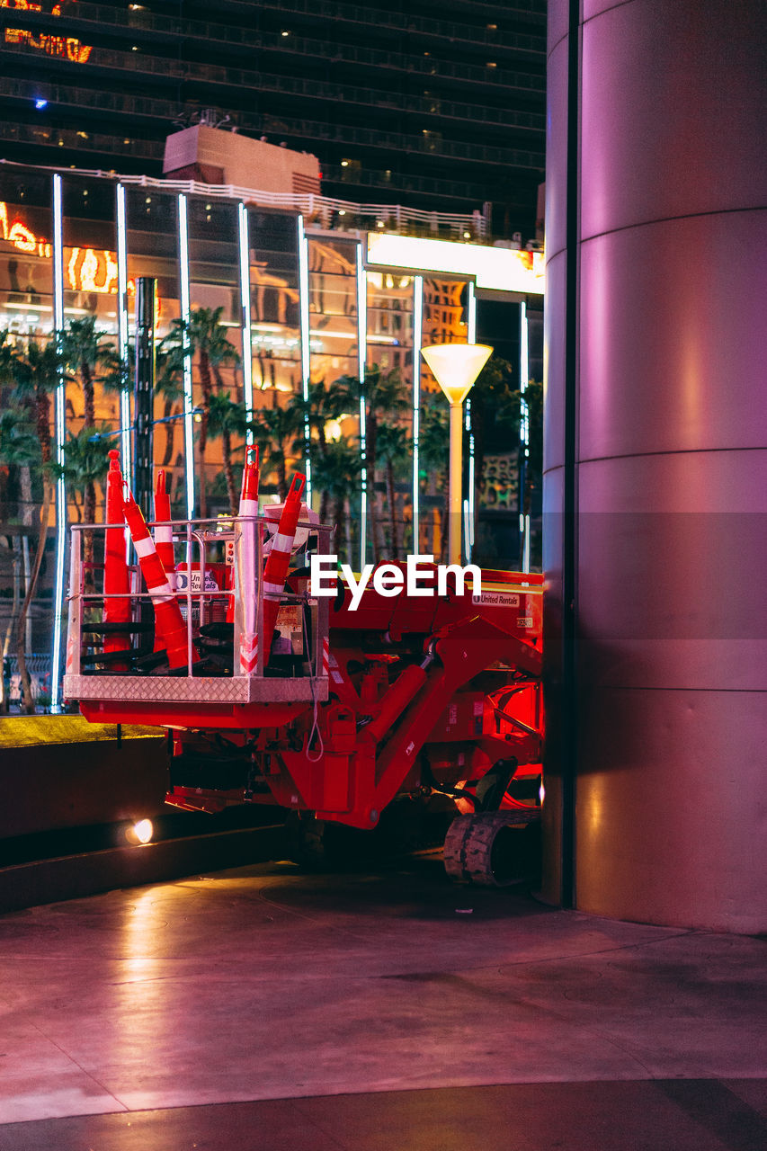 night, architecture, illuminated, built structure, no people, red, stage, transportation, industry