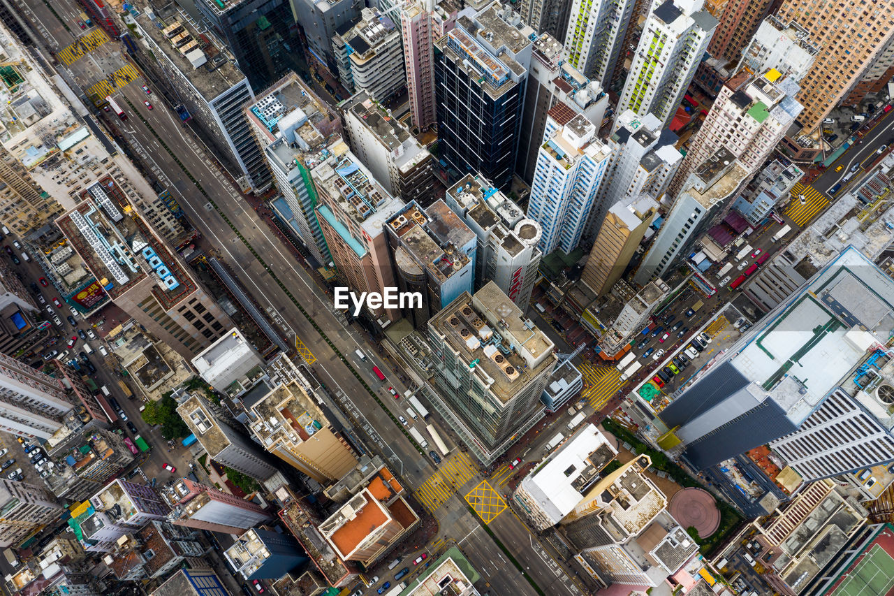 High angle view of modern buildings in city