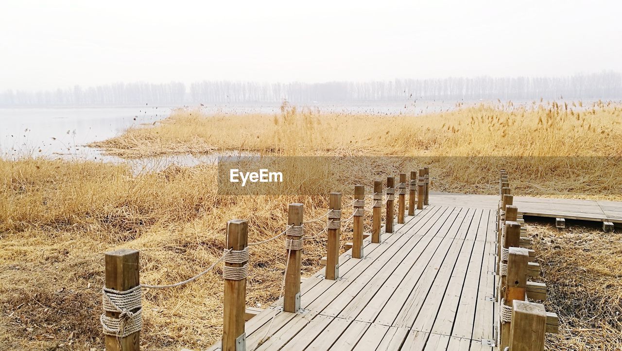 WOODEN POSTS ON BEACH AGAINST SKY