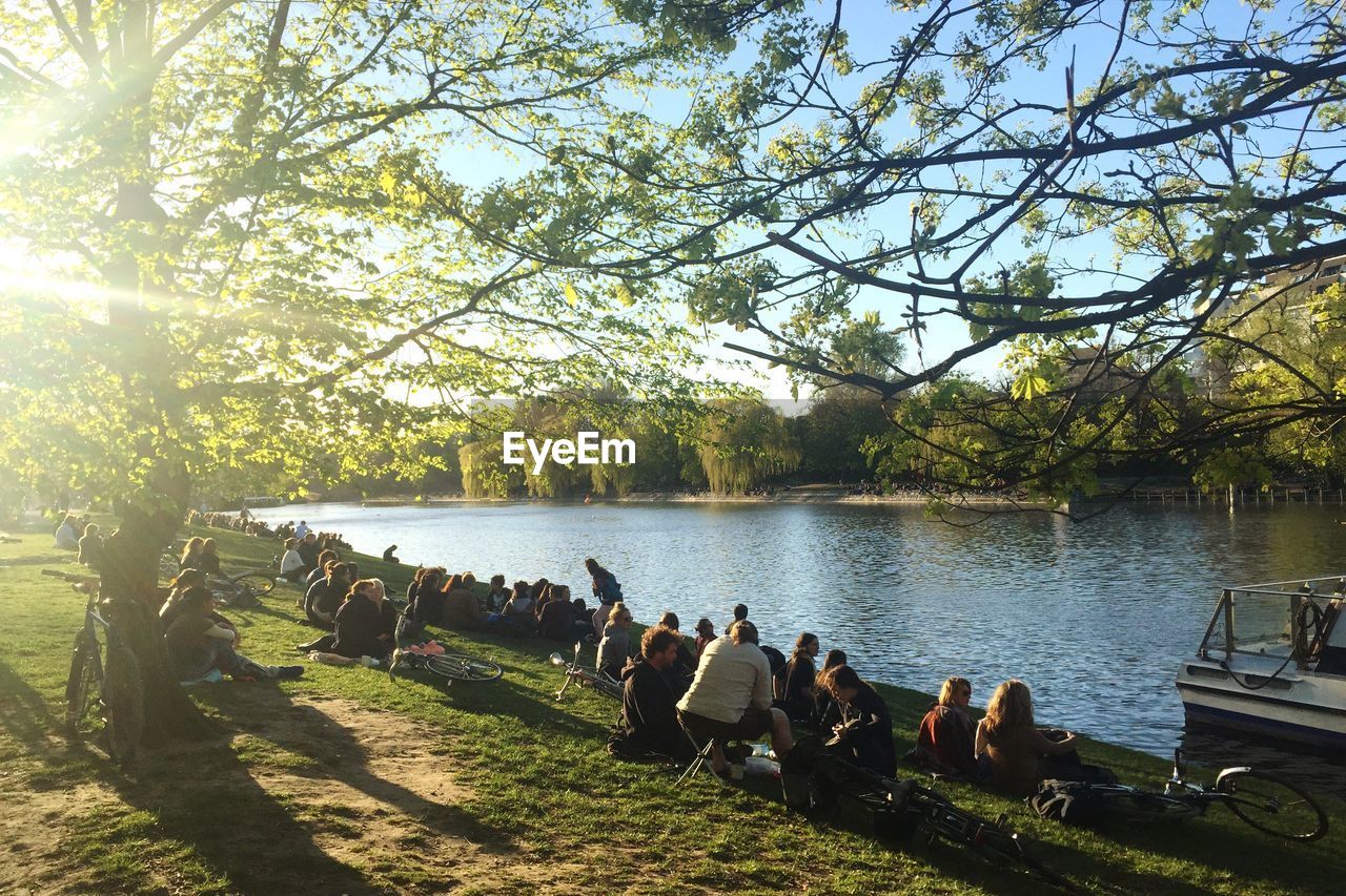 People sitting on field by lake on sunny day