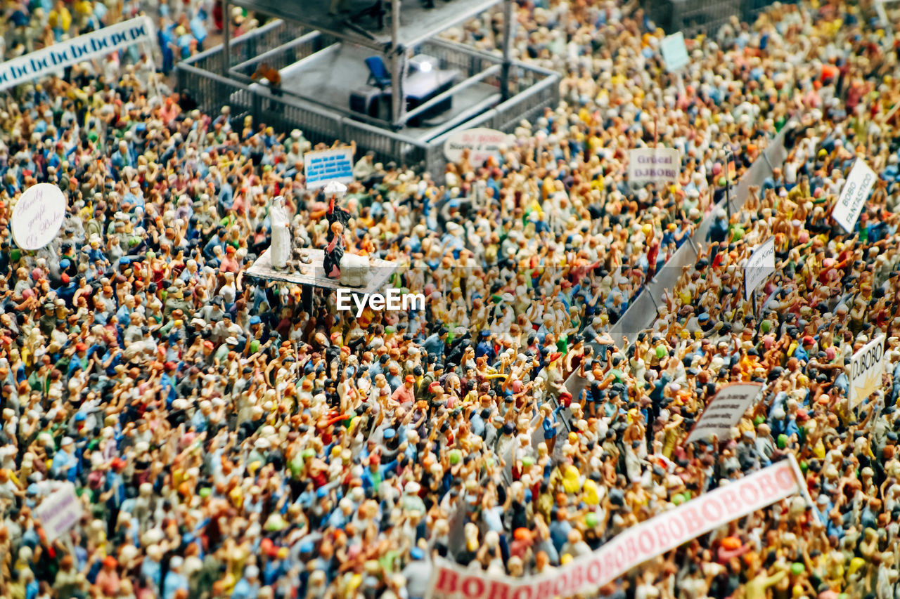 High angle view of crowd showing banners