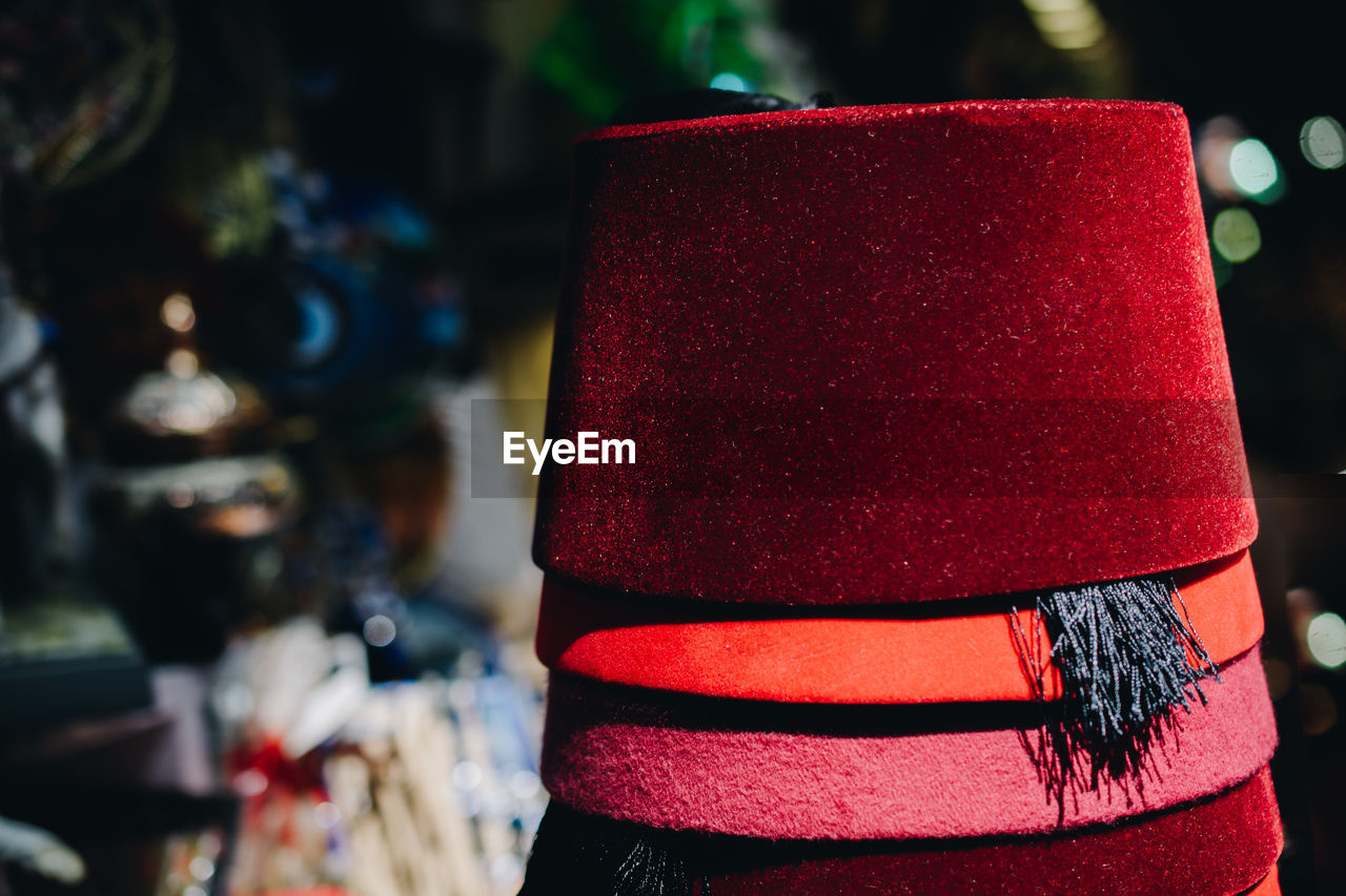 Turkish traditional red hat fez, fes or tarboosh with arabic or