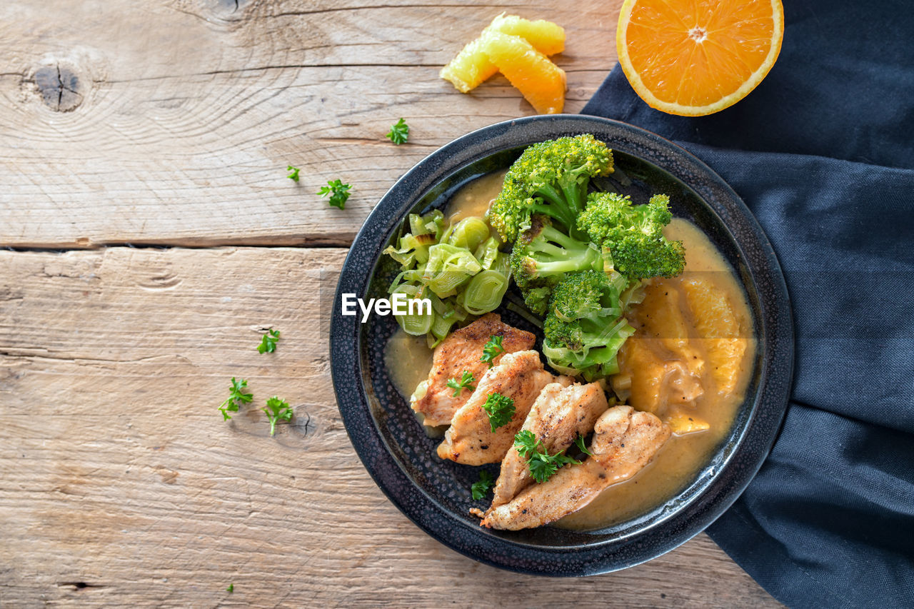 high angle view of food in plate on table