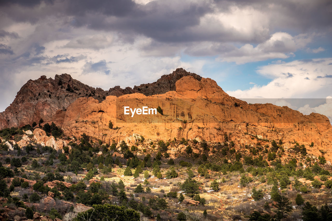 Scenic view of rocky mountains against cloudy sky