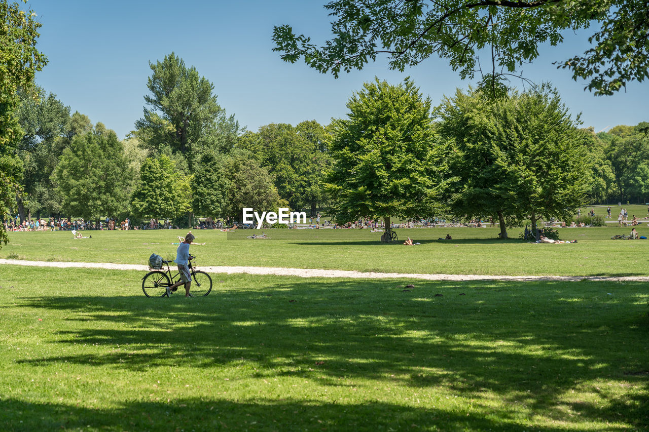 Woman walking with bicycle in park