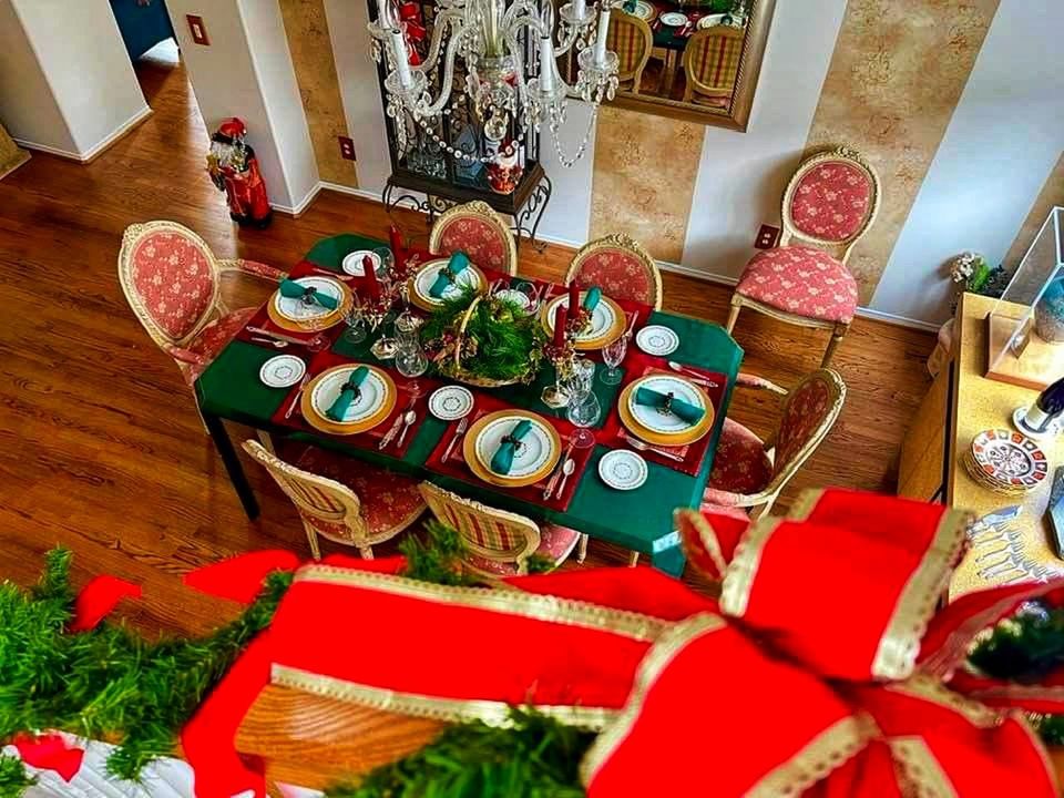 christmas, table, high angle view, christmas tree, meal, no people, celebration, indoors, holiday, decoration, food and drink, food, gift, plant, still life, event, tradition, large group of objects, arrangement