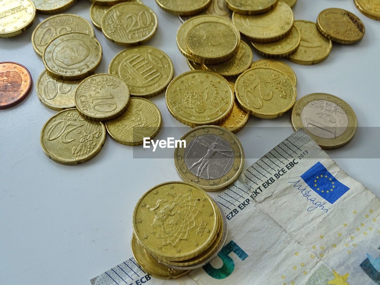 CLOSE-UP HIGH ANGLE VIEW OF COINS