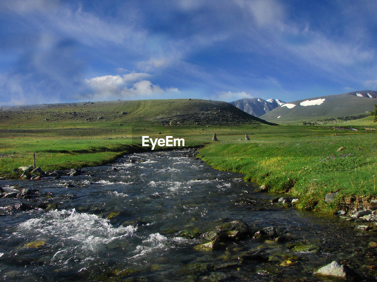 Scenic view of stream amidst field against sky