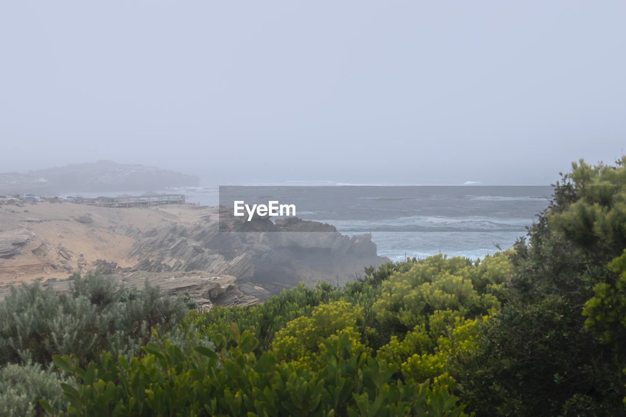 Scenic view of landscape and sea against sky