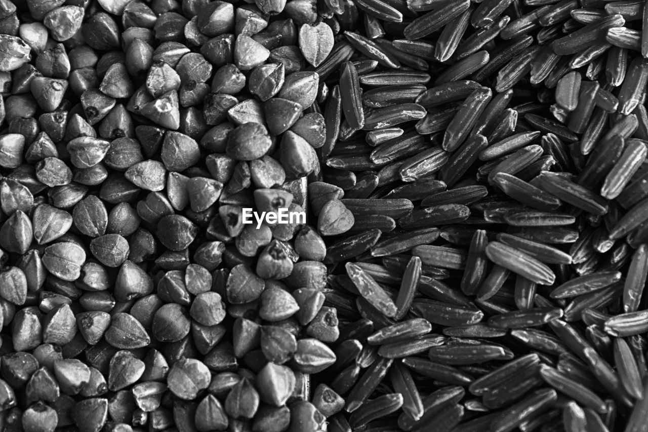 Full frame shot of brown rice and buckwheat 