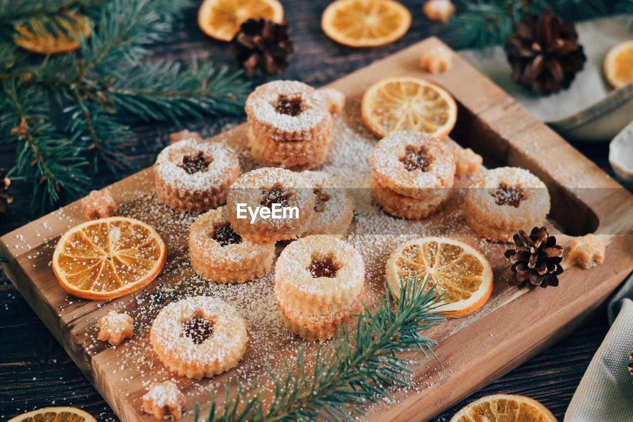 High angle view of cookies on table