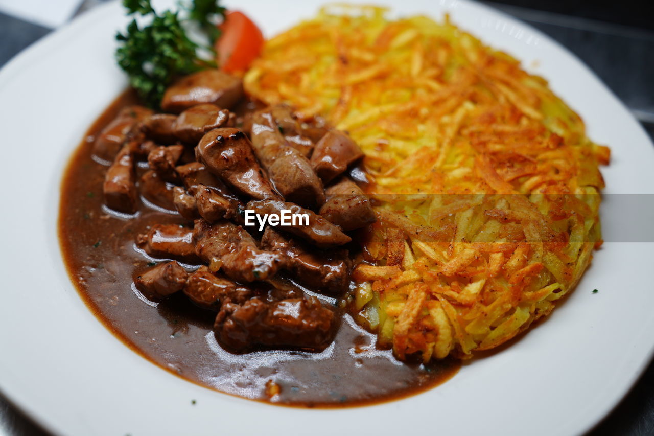 HIGH ANGLE VIEW OF MEAT SERVED IN PLATE